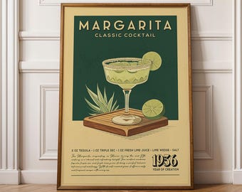 Margarita Cocktail Print, Margarita Cocktail Poster, Bar Wall Art, Classic Bar Cart Art Prints, Retro Cocktail Print, Bar Accessories