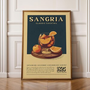 Impressão de Sangria, Pôster de Sangria, Arte de Parede de Bar de Coquetéis Clássicos, Impressões de Arte de Carrinho de Bar, Impressão de Coquetéis Retro, Acessórios de Carrinho de Bar, Impressão de Vinho