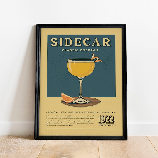 Poster Cocktail Side Car, Poster Cocktail Side Car | Impressions de chariot de bar | Accessoires de bar à cocktails vintage pour la maison, chariot de bar
