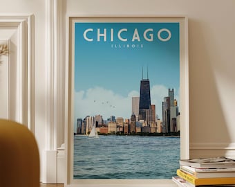 Chicago Skyline Travel Poster Wall Art Print, Chicago Illinois Vintage Housewarming Reiscadeau, Retro Chicago Neighborhood Home Decor