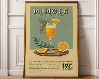Mimosa Cocktail Print, Mimosa Cocktail Poster, Bar Wall Art, Classic Bar Cart Art Prints, Retro Cocktail Print, Bar Accessories