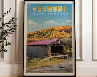 Poster di viaggio del Vermont, stampa artistica del Vermont, regalo del Vermont, decorazione murale del Vermont, arredamento per la casa del Vermont, tela retrò del Vermont