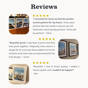 The image is a collage of three images featuring posters of St. Louis, with positive reviews from people who have purchased and used the posters.