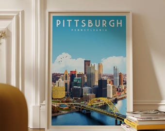 Pittsburgh Wall Art Print, Pittsburgh Retro Travel Poster, Pittsburgh Skyline Art, Pittsburgh Gift, Pennsylvania Vintage Home Decor