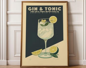 Gin and Tonic Cocktail Print, Gin and Tonic Cocktail Poster, Bar Wall Art, Classic Bar Cart Art Prints, Retro Bar Cart Accessories