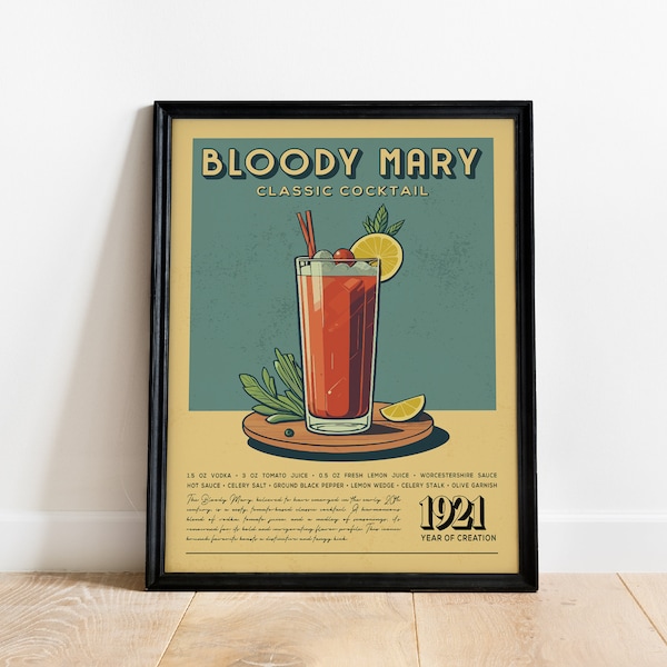 Bloody Mary Cocktail Print, Bloody Mary Cocktail Poster | Bar Cart Prints | Vintage Cocktail Art Bar Accessories for Home Bar Cart