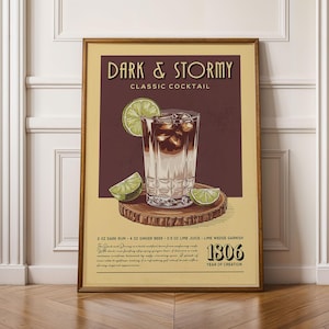 Dark N Stormy Cocktail Print, stürmisches Cocktail Poster | Barwagen Drucke | Vintage Cocktail Rezept Poster für Home Bar Warenkorb