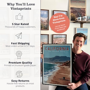 a man holding a framed poster of California, with a list of reasons why people might love Vintaprins.