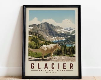 Arte de parede do Parque Nacional Glacier, impressão minimalista do Parque Nacional Glacier | Pôster vintage do Parque Nacional | Presente para acampamento com tema de Parque Nacional