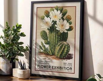 Print bloemenmarkt saguarocactus, retro bloemenkunst Arizona | Bloemenmarktprint | Retro botanische poster, bloemen westelijke muurkunst