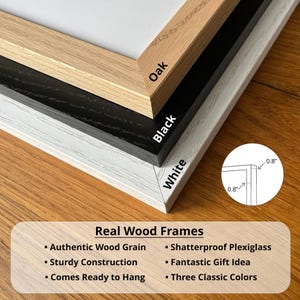 a collection of real wood frames, each with different colors and textures, including oak, black, white, and a plexiglass frame. The frames are described as authentic wood grain, sturdy construction, and comes ready to hang. The image also features a plexiglass frame with a three-class color scheme.