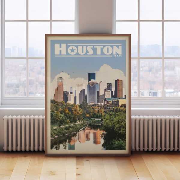 Houston Wall Art, Houston Skyline, Texas Poster, Texas Wall Art, Houston Poster, Houston Gift, Vintage East Texas Poster, Houston Map