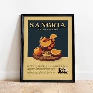 Sangria Cocktail Poster, Sangria Cocktail Poster | Barwagen Drucke | Vintage Barwagen-Dekor für Hausbar-Warenkorb
