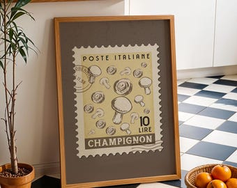 Vintage Mushroom Poster, Italian Food Art Print | Retro Kitchen Print | Retro Stamp Poster, Trendy Kitchen Art, Food Gift Ideas
