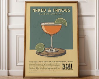 Naked and Famous cocktailprint, Naked and Famous cocktailposter | Barwagenafdrukken | Vintage Cocktail Art Bar-accessoires voor thuisbar