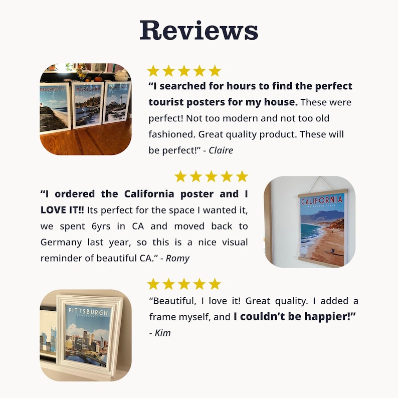 a collection of three images, each with a different caption describing the content and quality of the posters. The images include a poster of a beach, a poster of a city skyline, and a poster of a beach. The captions provide positive feedback about the posters, highlighting their quality and the visual appeal they bring to the space.