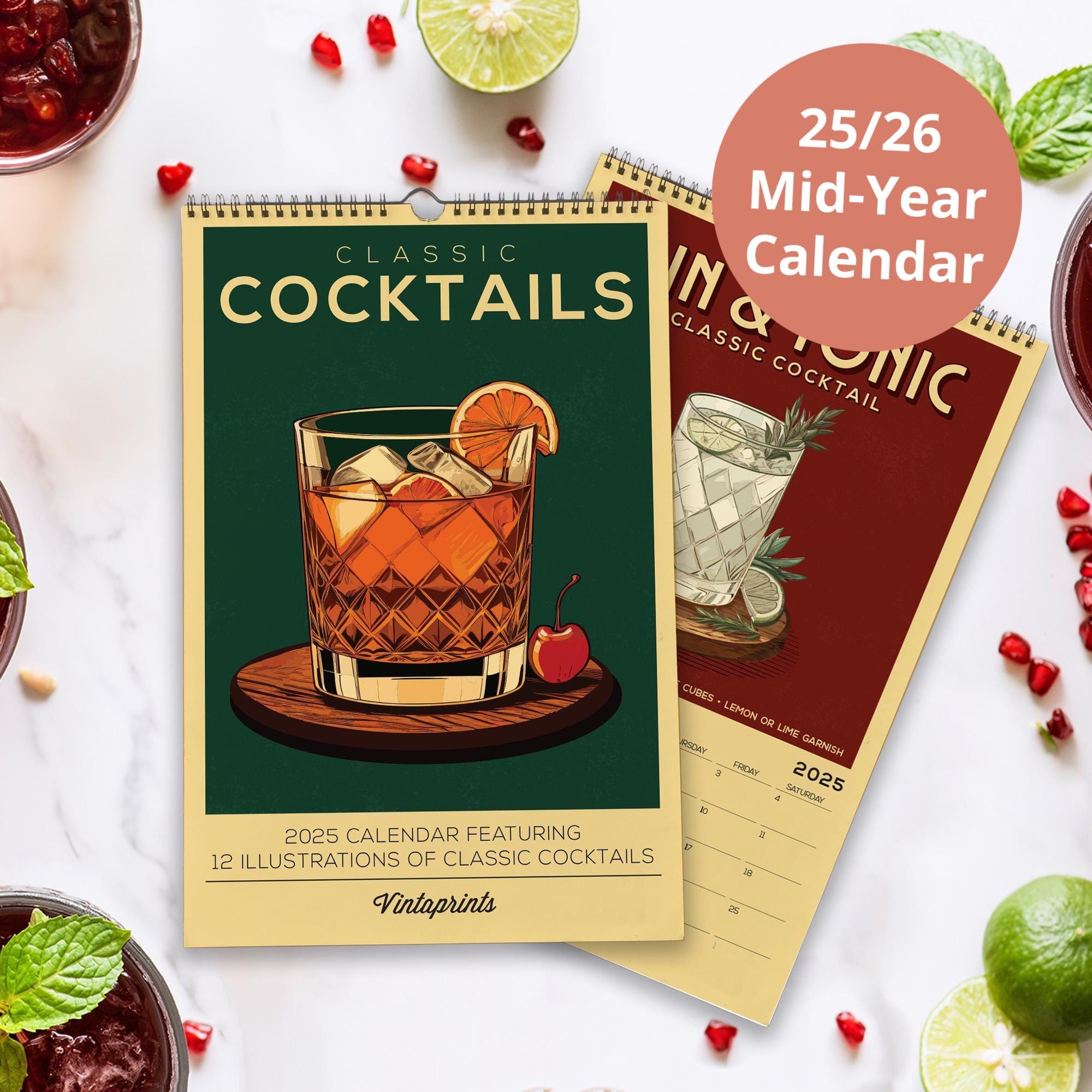 2025 - 2026 Cocktail Art Wall Calendar, Vintage Alcohol Calendar | Mid Year Calendar | Retro Bar Cart Calendar for Home Bar Accessories
