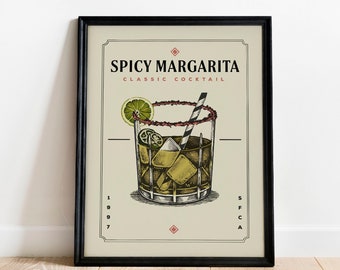 Spicy Margarita Cocktail Print, Spicy Margarita Cocktail Poster | Bar Cart Prints | Vintage Cocktail Poster Wall Art for Home Bar Cart Decor