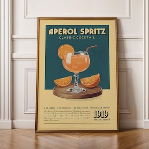 Aperol Spritz Print, Aperol Spritz Poster, Classic Cocktail Bar Wall Art, Bar Cart Art Prints, Retro Cocktail Print, Bar Cart Accessories