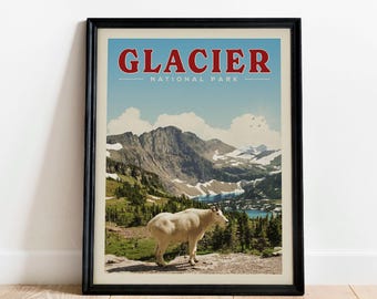 Arte de parede do Parque Nacional Glacier, Impressão do Parque Nacional Glacier | Pôster vintage do Parque Nacional | Arte do Parque Nacional para decoração rústica de garagem