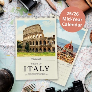 2025 - 2026 Italy Wall Calendar, Italian Travel Calendar | Mid Year Calendar |  Florence, Rome, Amalfi, Milan, Venice Italian Gifts