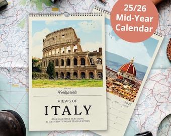 2025 - 2026 Italy Wall Calendar, Italian Travel Calendar | Mid Year Calendar |  Florence, Rome, Amalfi, Milan, Venice Italian Gifts