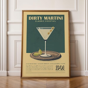 The image is a framed poster advertising a Dirty Martini cocktail.