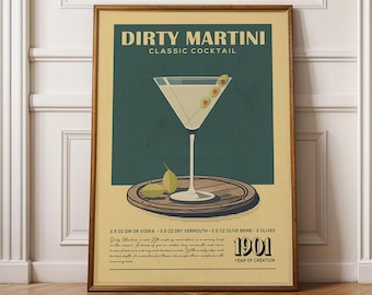Dirty Martini Cocktail Print, Retro Dirty Martini Cocktail Poster | Bar Cart Prints | Vintage Bar Cart Decor for Home Bar Cart