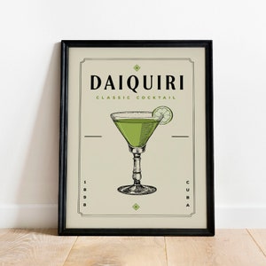 Impresión de cóctel Daiquiri, póster de cóctel Daiquiri / Impresiones de carrito de bar / Póster de cóctel vintage Arte de pared para decoración de carrito de bar en el hogar
