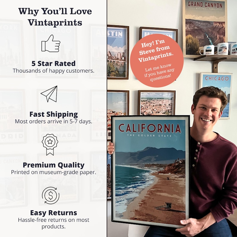 a man holding a framed poster of California, with a list of reasons why people might love Vintaprins.