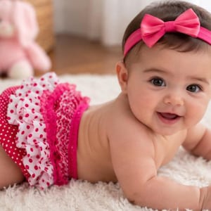 May include: A smiling baby wearing a pink bow headband and a ruffled diaper cover with a polka dot pattern. The baby is lying on a white rug. A pink stuffed bunny is in the background.