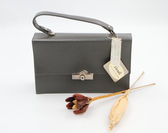 Vintage black VERDI EVENING HANDBAG with Bakelite Ring Handle and Amber Glass Decorative Buckle