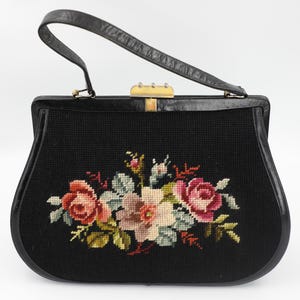 Vintage Floral Needlepoint Faux Leather Handbag Gold-Tone  Vintage Floral Needlepoint Frame Handbag with Brown Faux Leather Trim display picture 1