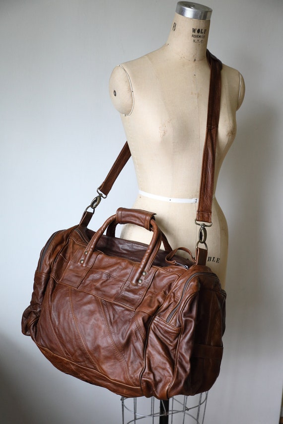 Vintage Leather Duffel Bag w/ Shoulder Strap - image 2