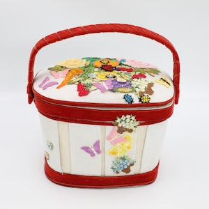 Appliqué Picnic Basket Purse - 1970s Novelty Handbag - Embellished Storage Box - Vintage Home Decor