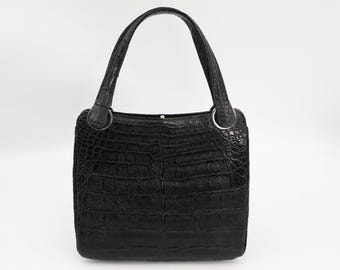 1940s Black Croc Handbag - Vintage Exotic Skin Purse - Slim Satchel Purse