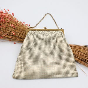 Vintage Whiting and Davis Cream Metal Mesh Handbag - Gold Frame Art Deco Evening Bag
