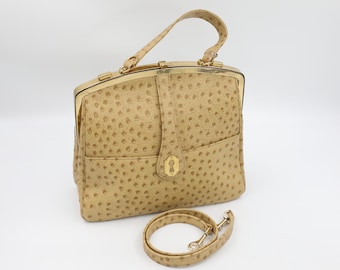 Torba vintage z imitacji strusia: Saks 5th Ave Light Tan, odpinany pasek na ramię