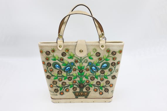 Enid Collins It Grows on Trees Handbag - 1960s Embellished Bucket Bag - Money Tree Birds