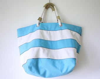 Lands End Turquoise Striped Beach Bag: Large Canvas Tote with Rope Handles