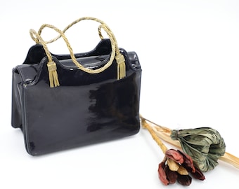 Magda Makkay Patent Box Purse with Gold Chain Handles