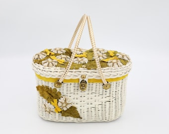 Torba Midas of Miami z ozdobnym koszykiem - torebka z wikliny z lat 50. - torebka Vintage Flower