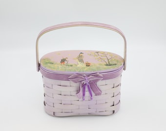 Lawendowy kosz piknikowy z decoupage'em – chińska sztuka ludowa – nowość z lat 70.