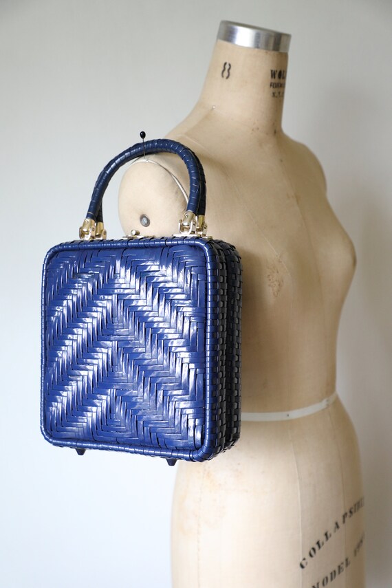 Vintage Blue Wicker Basket Handbag - image 10