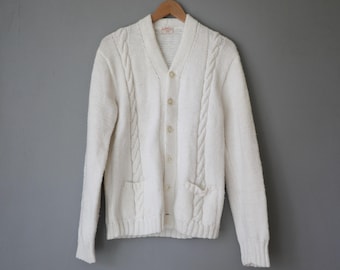 Cream Handknit Cardigan Sweater M - Winter White Cable Knit Jumper