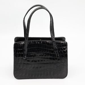 Vintage Croc Satchel Purse - 1950s Black Handbag - Vintage Top Handle Bag