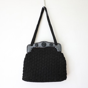 Vintage Black Crochet Handbag - 1980s does 40s Retro Knit Purse - Frame Handbag