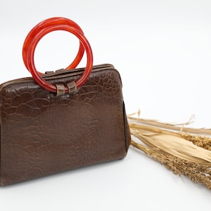 1950s Ronay Croc Handbag with Lucite Handle - Vintage Satchel Purse - Top Handle Bag