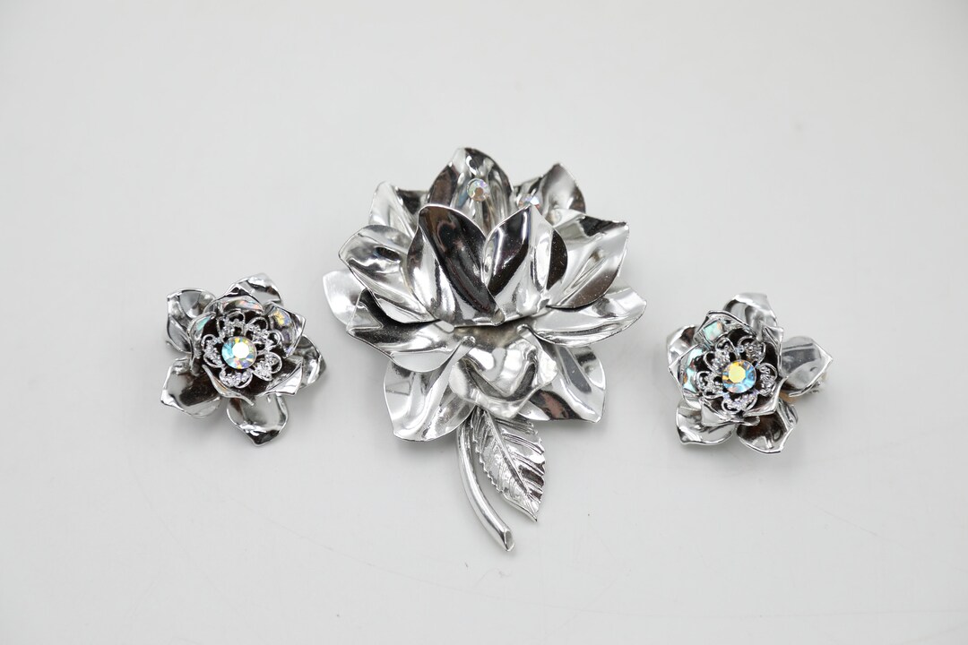 Silver Wild Rose Aurora Borealis Brooch and Earring Set Etsy
