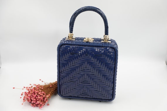 Vintage Blue Wicker Basket Handbag - image 1